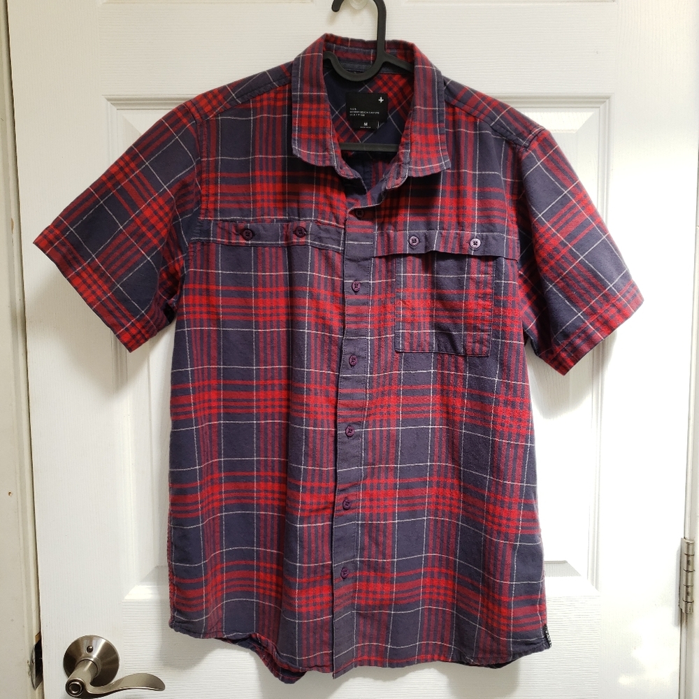 Tavik Modern Beach Culture Blue Red Plaid Short Sleeve Button Front Shirt